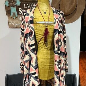 living doll Open-Front Aztec Cardigan in Cream, Black & Pink